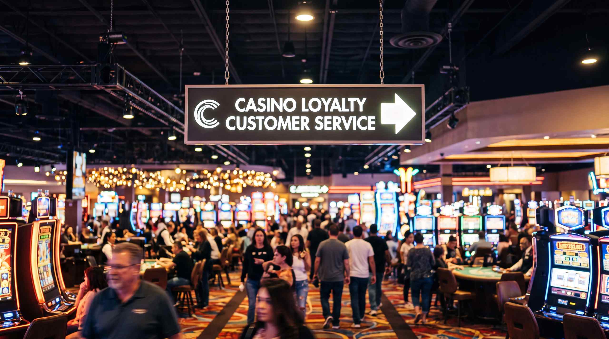 A sign indicating casino loyalty customer service on the casino floor.